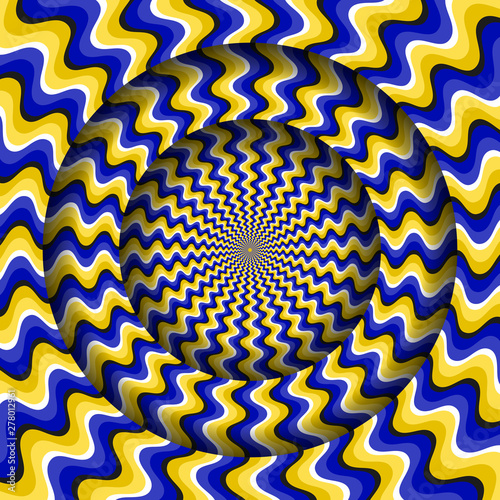 Abstract round frame with a rotating blue yellow wavy pattern. Optical illusion hypnotic background. photo
