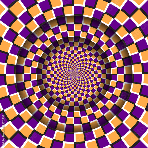 Abstract round frame with a moving orange purple checkered pattern. Optical illusion hypnotic background.