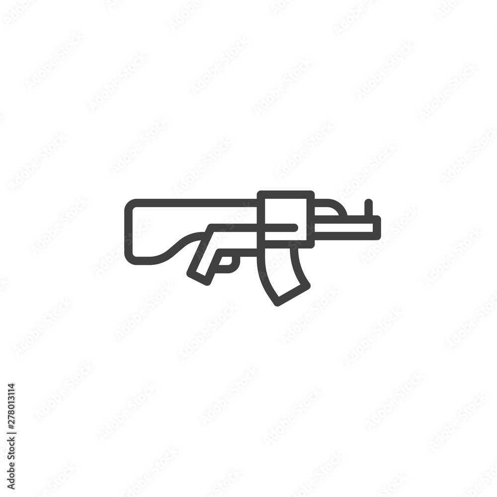 Machine gun line icon. linear style sign for mobile concept and web design. Assault riffle outline vector icon. Ammunition symbol, logo illustration. Vector graphics