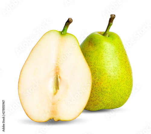 Ripe green pears isolated with leaves isolated on white