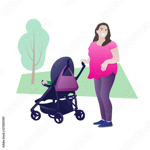 Happy mother walking with child. Nice smiling woman carrying a baby in a stroller
