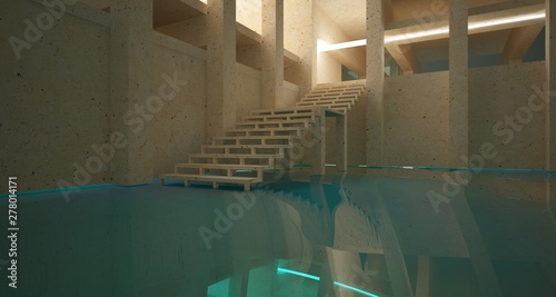 Abstract architectural concrete interior of a minimalist house standing in the water with neon lights. 3D illustration and rendering.