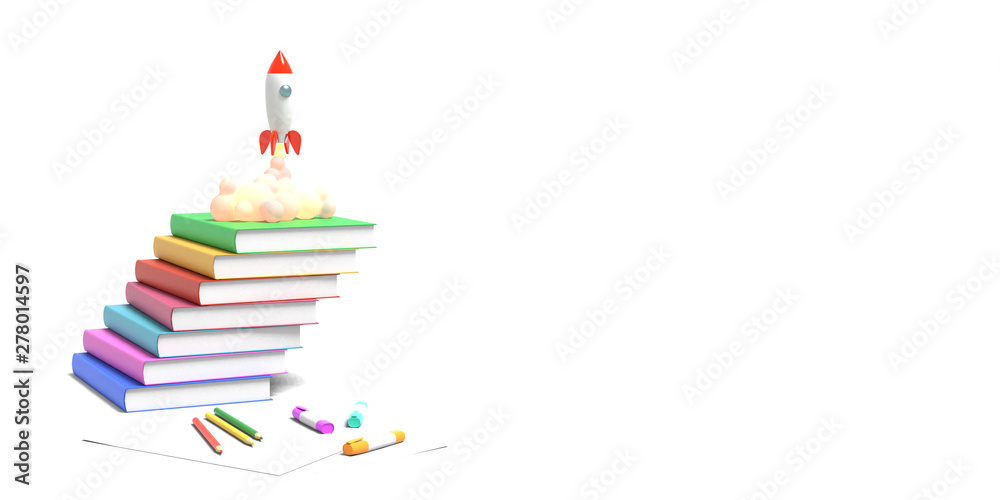 Toy rocket takes off from the books spewing smoke on a white background. Symbol of desire for education and knowledge. School illustration. 3D rendering. Toy rocket takes off from the books spewing smoke on a white background. Symbol of desire for education and knowledge. School illustration. 3D rendering.