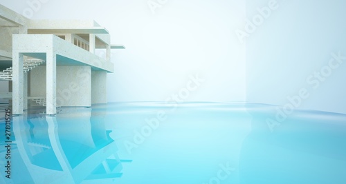 Abstract architectural concrete interior of a minimalist house standing in the water. 3D illustration and rendering. © SERGEYMANSUROV