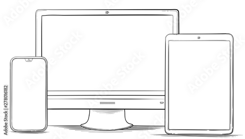 Hand Drawn Mobile Phone, Tablet PC and Computer Monitor Vector Illustration