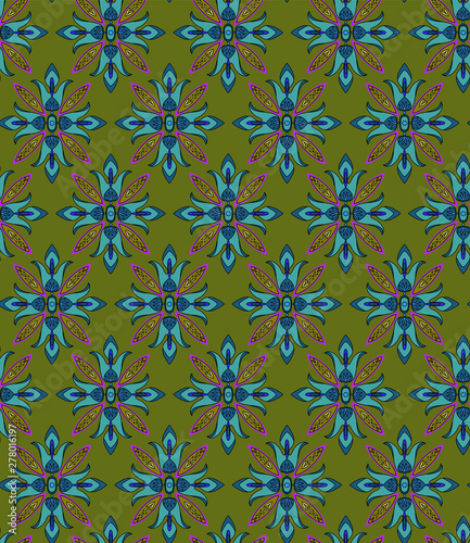 Seamless pattern. Beautiful traditional ornament  ordered arrangement in rows. Blue flowers on a green background.