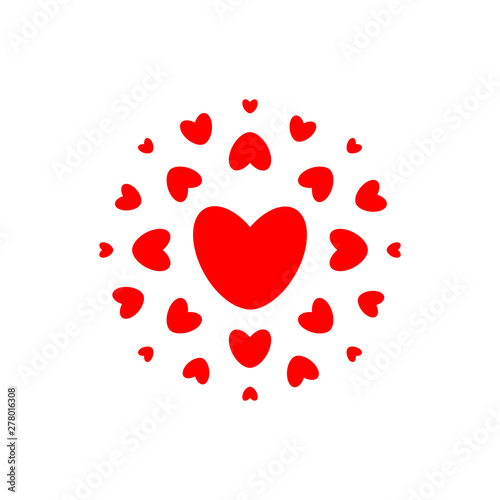 Love and health symbol. Red hearts in circle, simple elegance round logo template. Concept design for wedding day, valentine day, pharmacy decor. Isolated vector emblem.