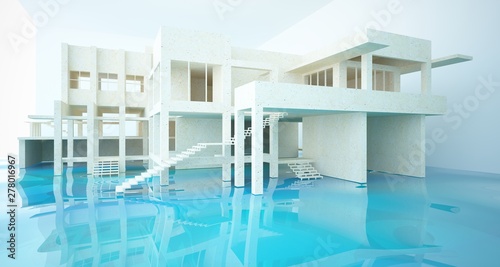 Abstract architectural concrete interior of a minimalist house standing in the water. 3D illustration and rendering.