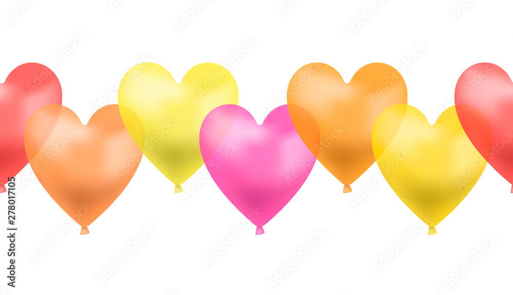 Vector Seamless Line of Heart Shaped Balloons, Red, Pink, Yellow, Orange Brigth Colors, Colorful Illustration, Love Symbol.