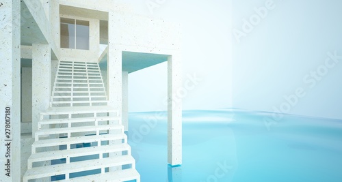 Abstract architectural concrete interior of a minimalist house standing in the water. 3D illustration and rendering.