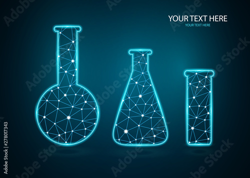 Abstract polygonal luminous chemical flasks isolated from a polygon frame on a dark background. Low poly design for science and analysis, research.
