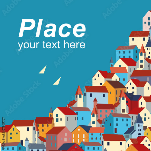 Template with sea, colorful houses and sample text.