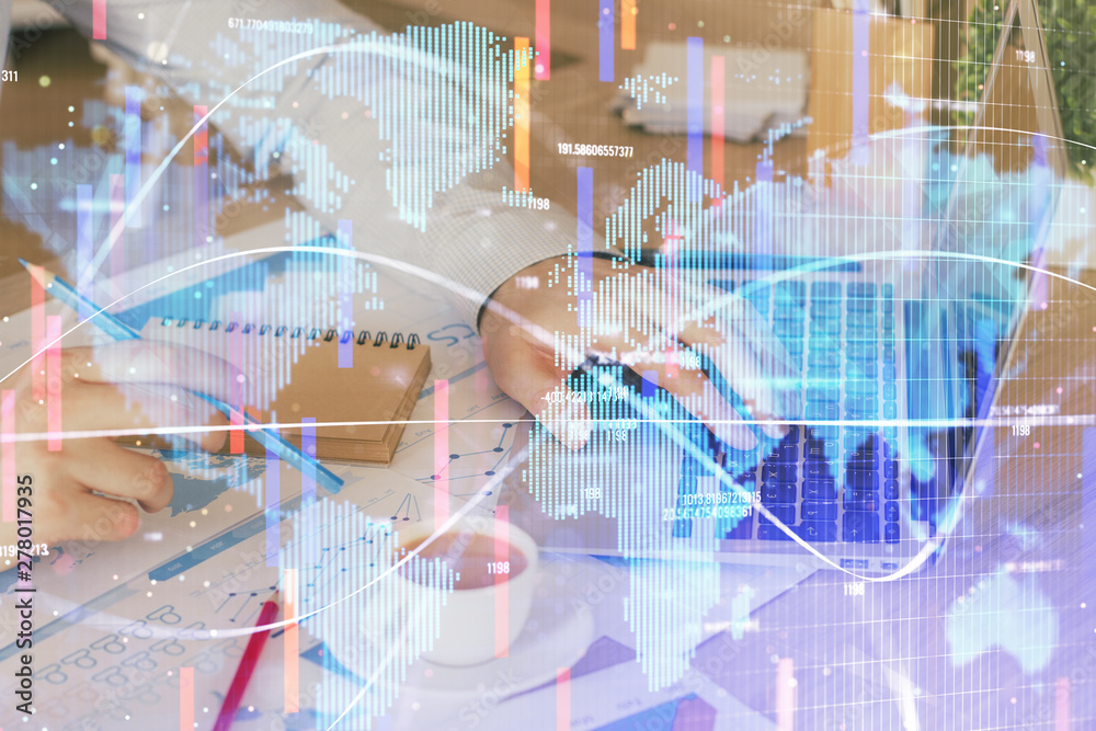 Double exposure of businessman working on laptop on background. International business hologram in front. Concept of success. Double exposure of businessman working on laptop on background. International business hologram in front. Concept of success.