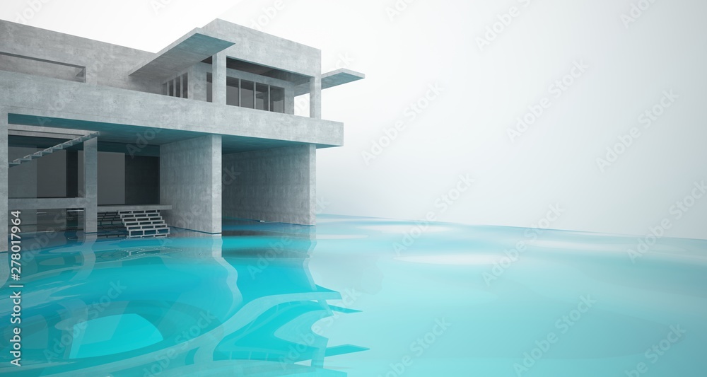 Fototapeta premium Abstract architectural concrete interior of a minimalist house standing in the water. 3D illustration and rendering.