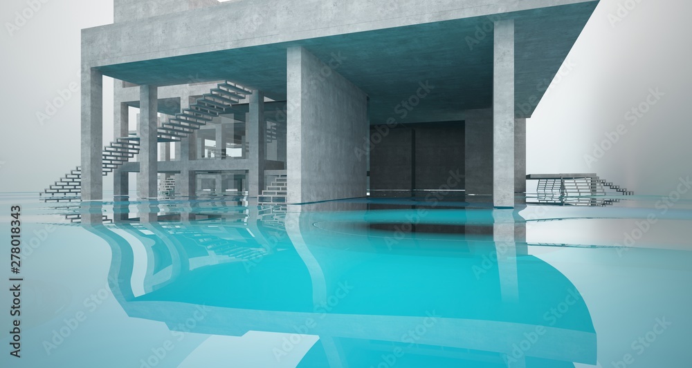 Fototapeta premium Abstract architectural concrete interior of a minimalist house standing in the water. 3D illustration and rendering.