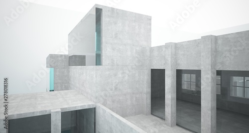 Abstract architectural concrete interior of a minimalist house standing in the water. 3D illustration and rendering.