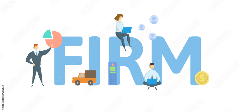 FIRM. Concept with people, letters and icons. Colored flat vector illustration. Isolated on white background.