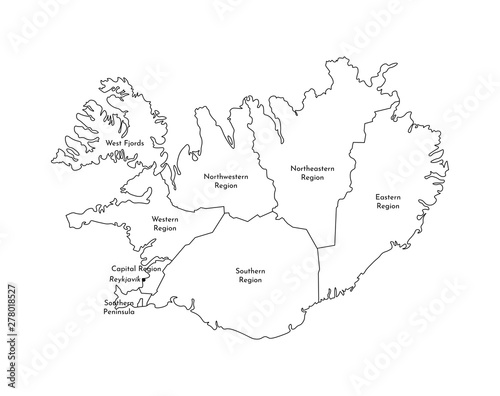 Vector isolated illustration of simplified administrative map of Iceland. Borders and names of the regions. Black line silhouettes