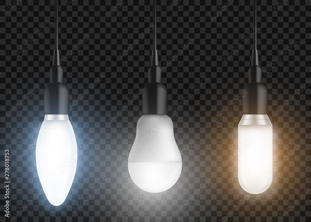 Led bulbs set. Glowing lamps, incandescent modern halogen lightbulbs of different shapes, forms hanging from above, light equipment isolated on transparent background. Realistic 3d vector illustration - obrazy, fototapety, plakaty 