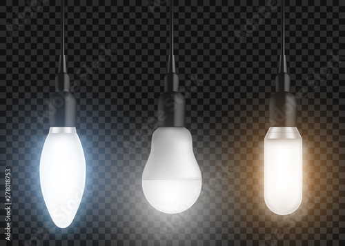 Led bulbs set. Glowing lamps, incandescent modern halogen lightbulbs of different shapes, forms hanging from above, light equipment isolated on transparent background. Realistic 3d vector illustration