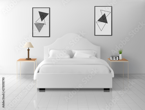 Bedroom white interior, modern home or hotel empty apartment with double king size bed, nightstands with lamp and alarm clock, luxury bedchamber indoor design. Realistic 3d vector illustration