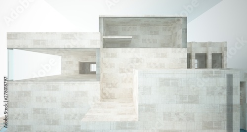 Abstract architectural concrete interior of a minimalist house standing in the water. 3D illustration and rendering.