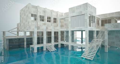 Fototapeta Naklejka Na Ścianę i Meble -  Abstract architectural concrete interior of a minimalist house standing in the water. 3D illustration and rendering.