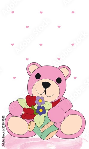 Oso rosa con tulipanes y corazones.