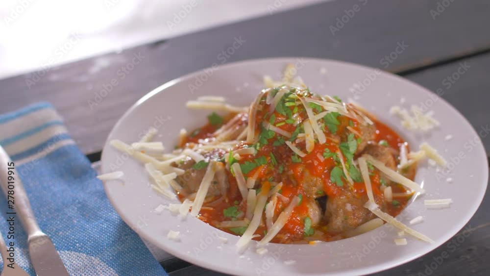 A portion of home-made meatballs with tomato sauce and parmesan cheese A portion of home-made meatballs with tomato sauce and parmesan cheese