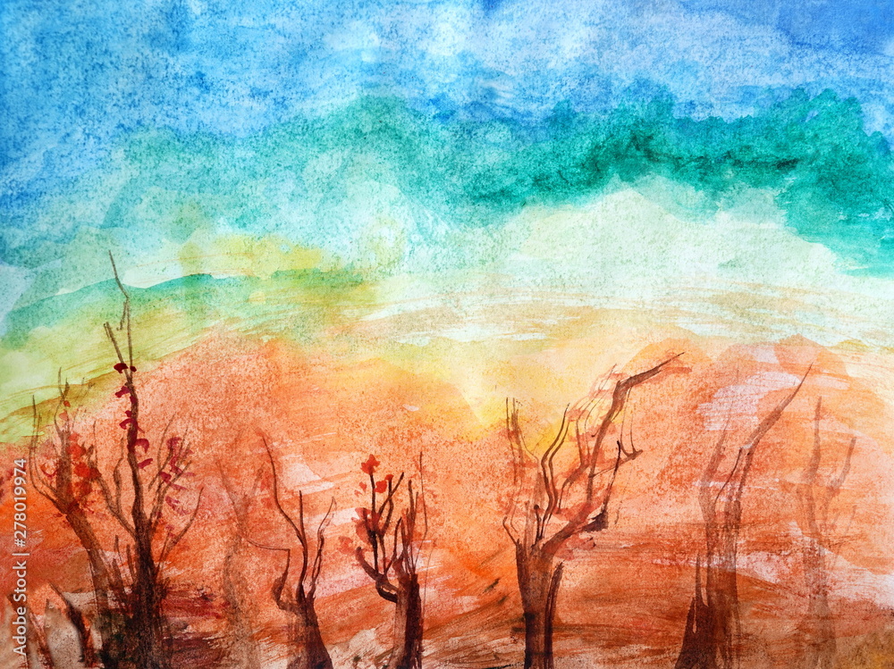 Drawing of bright sunset sunrise over the forest