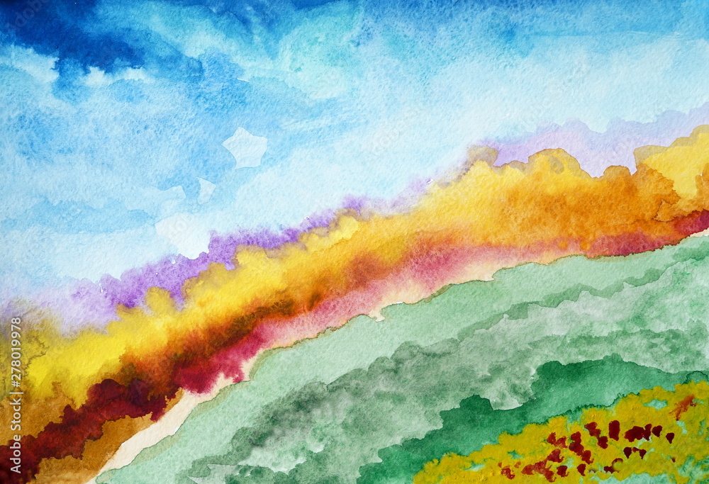Drawing of bright colorful forest, hills blue sky