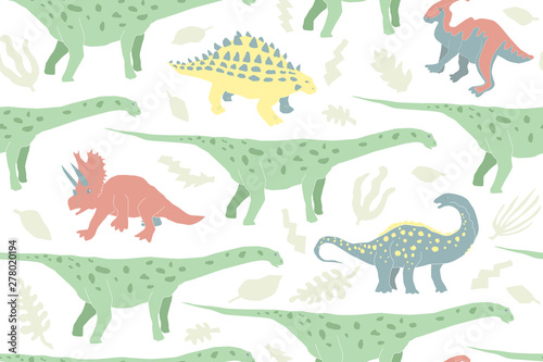 Fototapeta Naklejka Na Ścianę i Meble -  Cute herbivorous dinosaur seamless pattern. Prehistoric animals. Cartoon illustration for textile, wrapping, wallpapers for kids