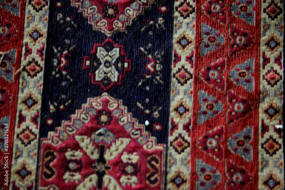 Part borders vintage silky thin carpet with ethnic pattern