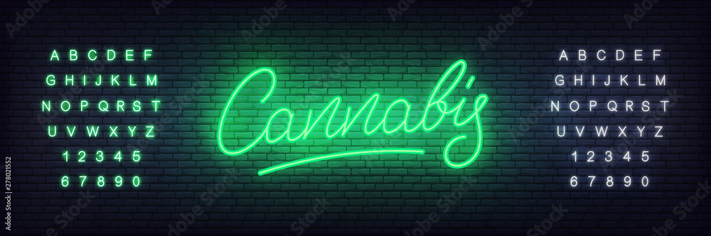 Cannabis neon sign. Glowing lettering cannabis for hemp, marijuana shop or businnes