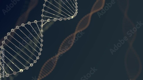 Abstract blue glittering DNA double helix with depth of field. Animation of DNA construction from debrises 3d rendering. Science animation. Genom futuristic footage. Conceptual design of genetics photo