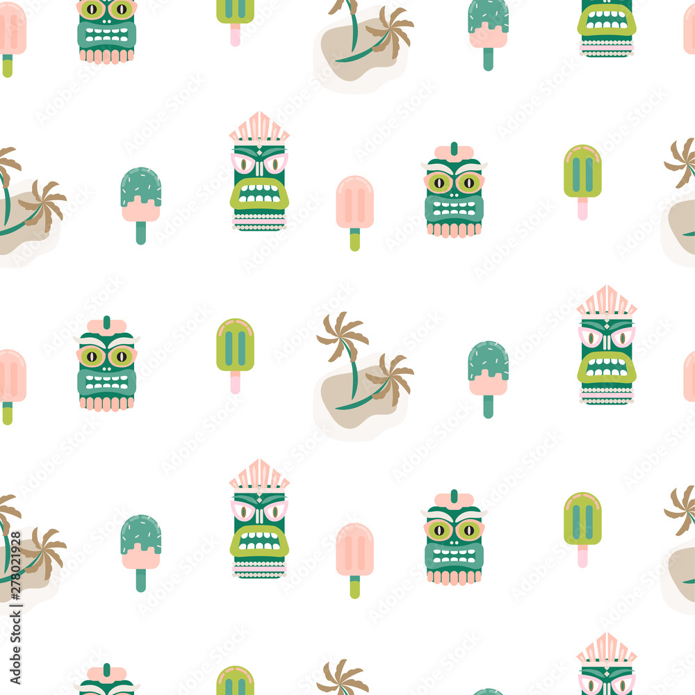 Hawaii seamless vector pattern. Tiki mask and palm trees white background.