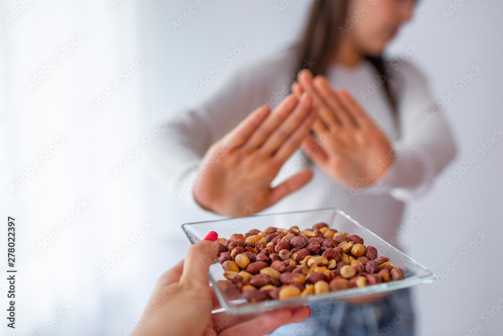 Obraz premium Peanut food allergy concept. Great concept of allergy and skin diseases. Nut allergies. No peanuts.