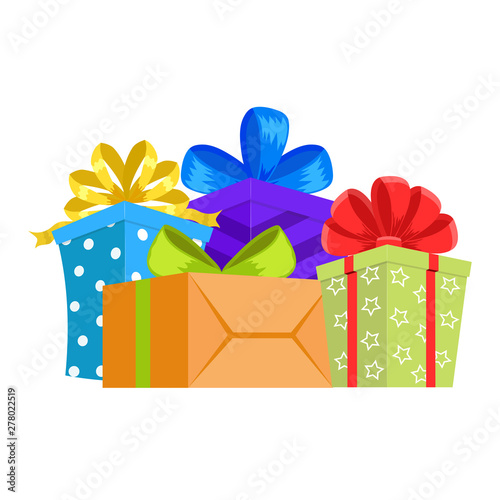 Cartoon gift box. Christmas present, gifting box and xmas present winter holidays or birthday party gift sign. Secret boxing with surprises, greeting giftbox decor vector isolated icon