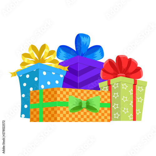 Cartoon gift box. Christmas present, gifting box and xmas present winter holidays or birthday party gift sign. Secret boxing with surprises, greeting giftbox decor vector isolated icon