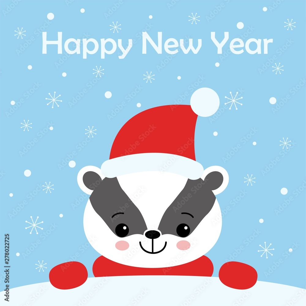Greeting card with badger, snow and Happy New Year text, cartoon vector illustration. Greeting card with badger, snow and Happy New Year text, cartoon vector illustration.