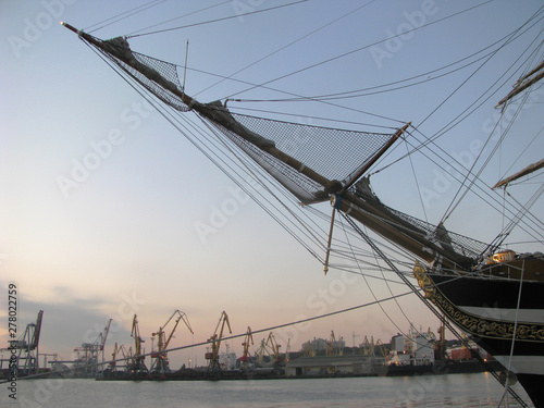 Sailboat bowsprit, mast, rigging and guys, sea adventures