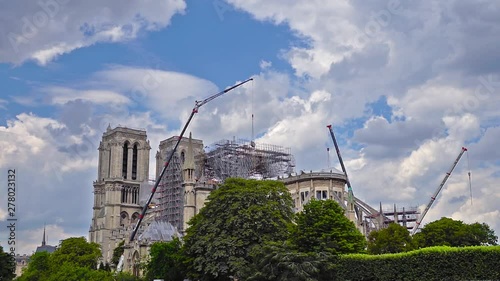 Paris, France - July 11 2019: Notre Dame de Paris reinforcement work in progress after the fire, to prevent the Cathedral from collapsing.
