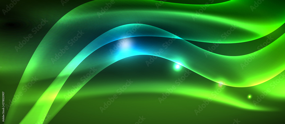 Obraz premium Glowing abstract wave on dark, shiny motion, magic space light. Techno abstract background