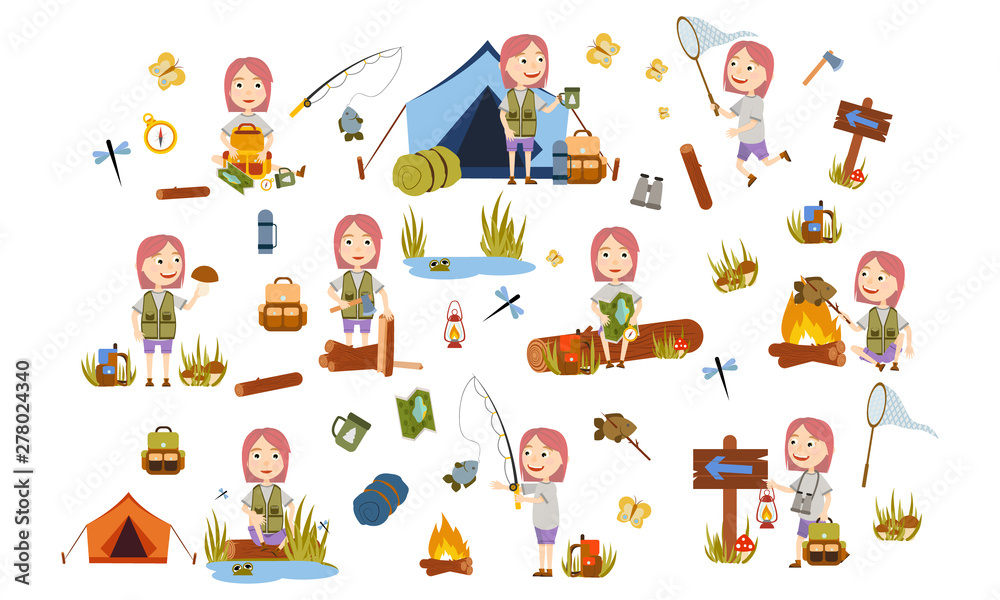 Set a fashionable girl with pink hair tourist in nature. Camping. Fishing, overnight, picking mushrooms, fun and relaxation. Children's camp. Scouts. Cute Vector Illustration
