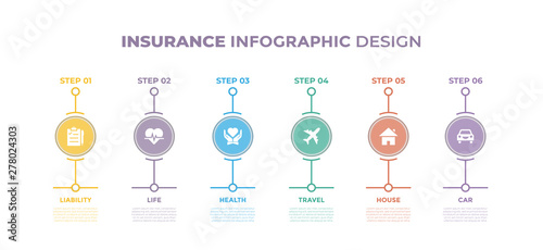Modern design elements for Insurance concept Multicolor infographics.Timeline with 6 steps, options, Circles. Vector template