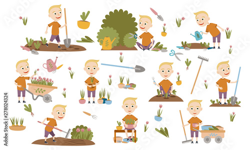 Set fashionable blond boy gardening plants, weed beds, watering seedlings, pruning bushes and trees, working in the garden. People and garden tools. Vector illustration
