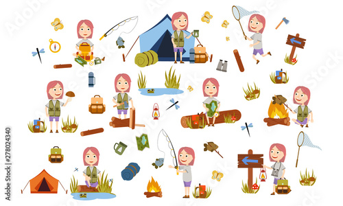 Set a fashionable girl with pink hair tourist in nature. Camping. Fishing, overnight, picking mushrooms, fun and relaxation. Children's camp. Scouts. Cute Vector Illustration