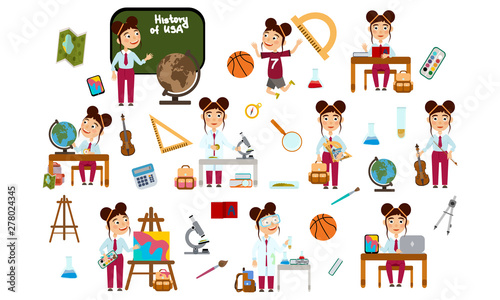 Set girl with hairstyle. School student. Student in different lessons: science, history, sports, art, maths, English, information technology, music. Conducting experiments. Cute vector