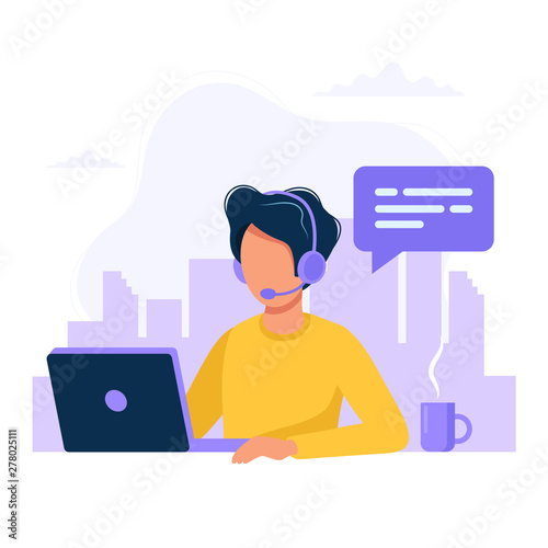 Customer service, man with headphones and microphone with computer. Concept illustration for support, assistance, call center. Vector illustration in flat style