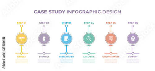 Modern design elements for Case Study concept Multicolor infographics.Timeline with 6 steps, options, Circles. Vector template